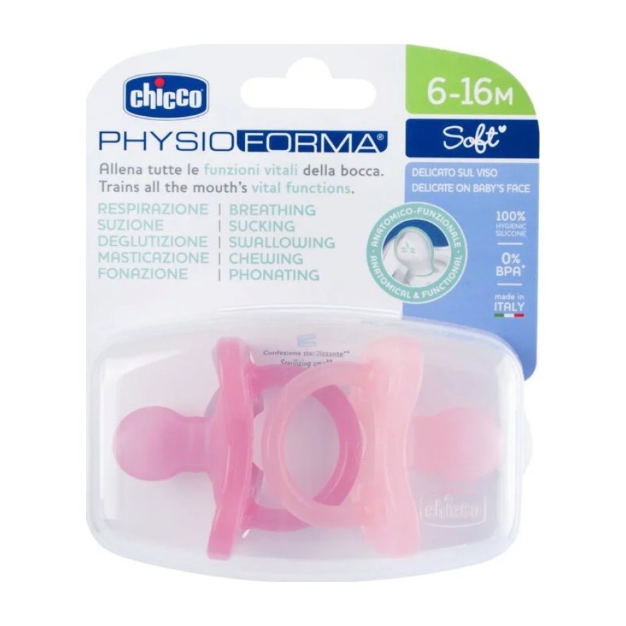 CHICCO Chupeta Physio Soft Silicone Rosa Nova 6-16m+ - 2pçs